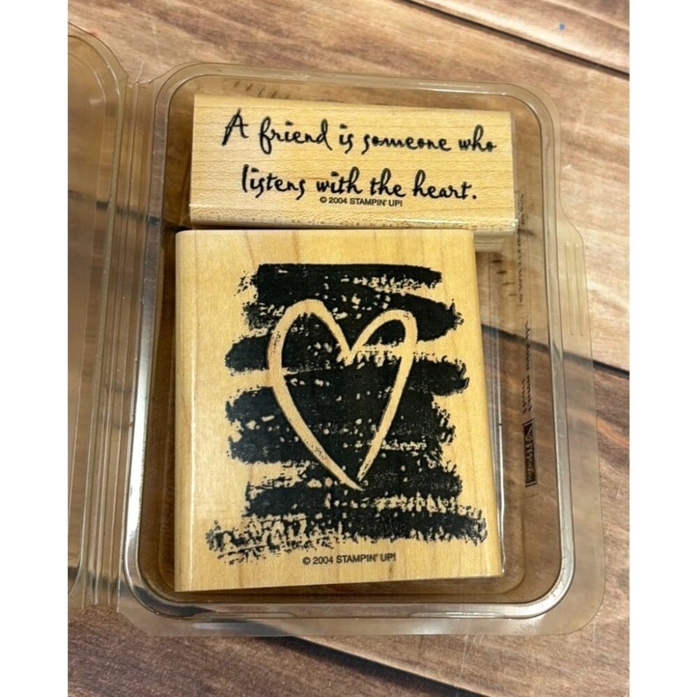 2004 STAMPIN' UP! LISTEN WITH THE HEART WOOD MOUNT RUBBER STAMP SET OF 2 FRIEND